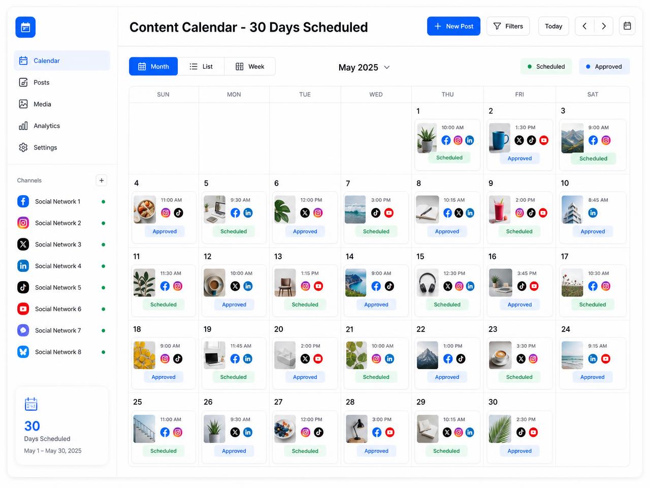 Content calendar showing 30 days of social media posts scheduled and approved across every connected channel